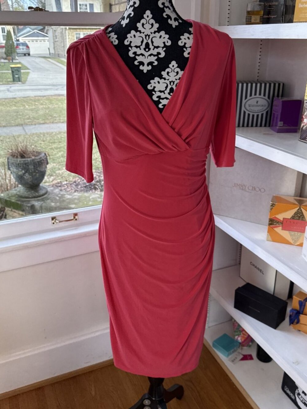 Ralph Lauren Dress Faux Wrap Side Ruched Stretch Fitted Coral Size 10 Lovely